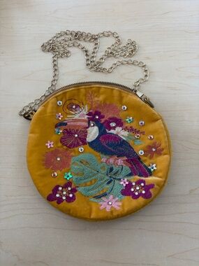 Embroidered Velvet Mustard Round Crossbody Bag with Bird Motif